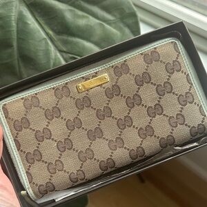 Gucci Brown GG & light green Canvas Wallet with Box
